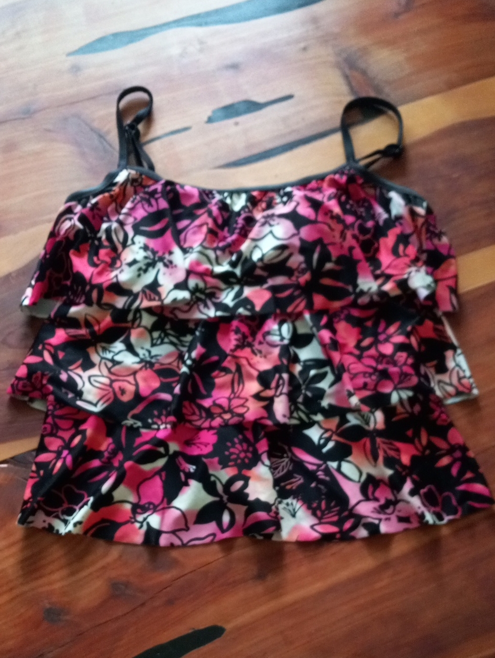 Maxine of Hollywood Pink Black Floral Triple Ruffle Tiered Tankini Swim Top